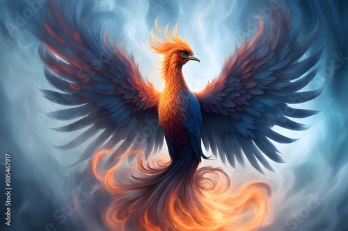 A majestic phoenix rising from ashes amidst swirling smoke