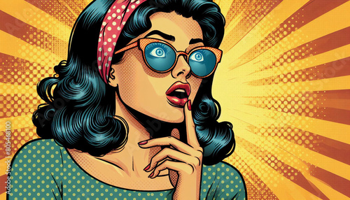 A surprised woman taken aback thinking with hand to face comic book style retro art wallpaper background photo