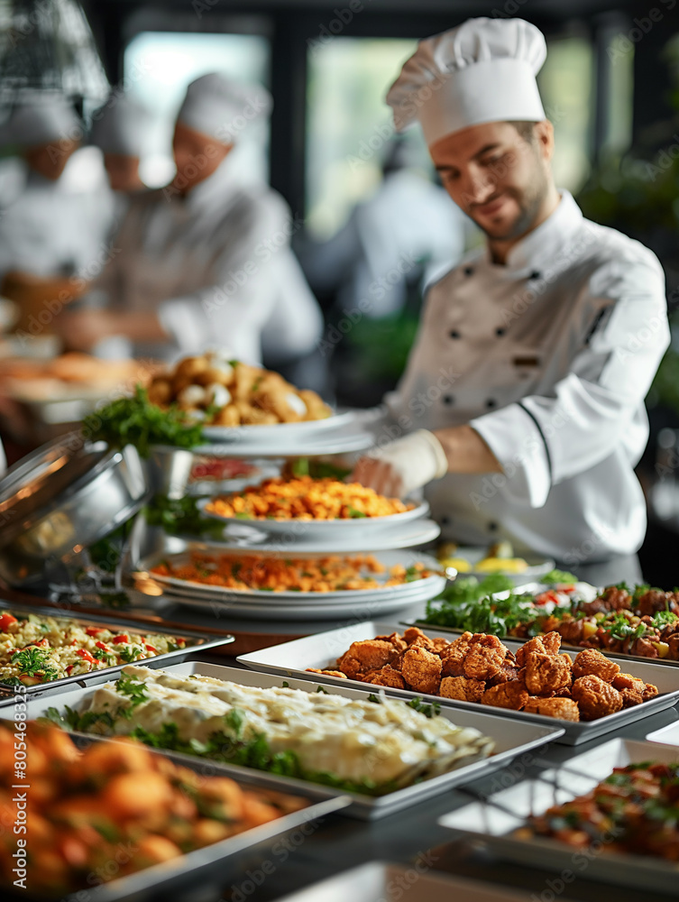 The chef prepares dishes for the buffet table in the restaurant. The chef prepares dishes for the buffet table in the restaurant.