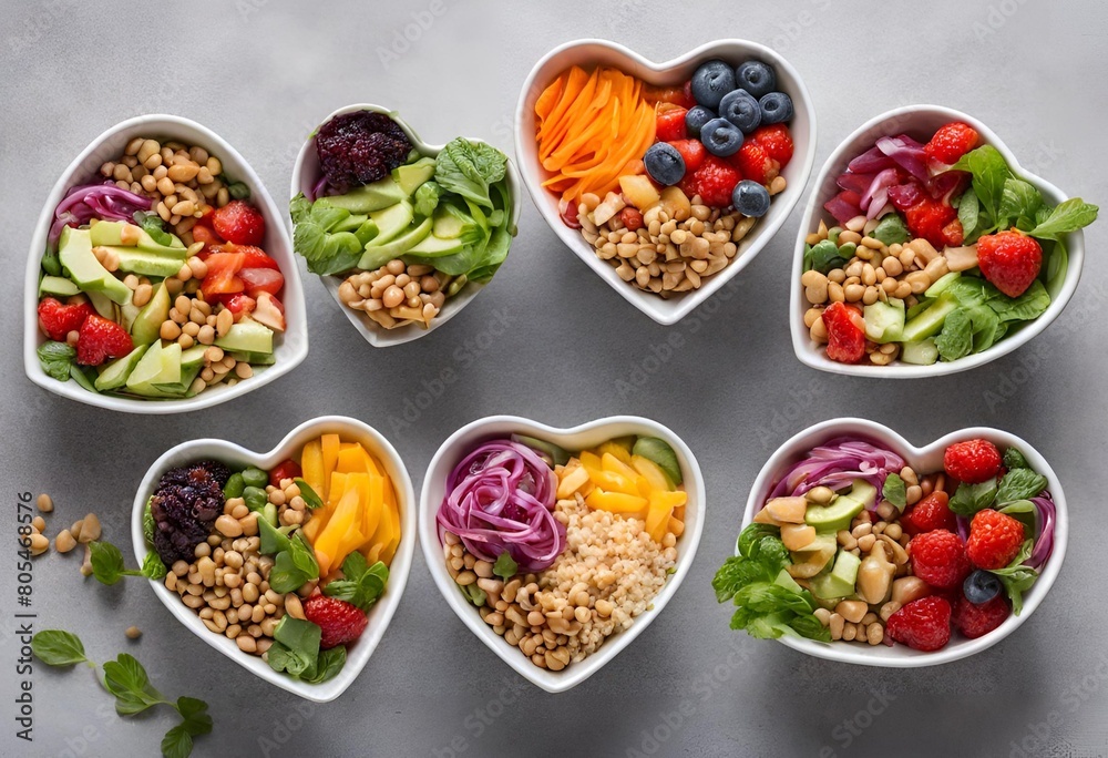 Comida saludable servida en bowls con forma de corazón