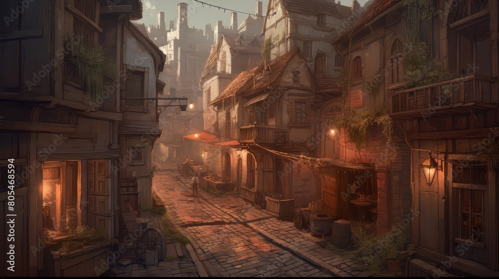 Houses in medieval city diorama, omunious atmosphere, detailed illustration, beautiful color palette.
