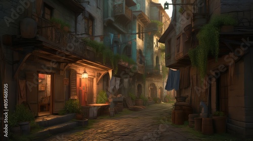 Houses in medieval city diorama, omunious atmosphere, detailed illustration, beautiful color palette.