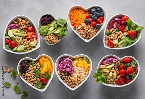 Comida saludable servida en bowls con forma de corazón photo