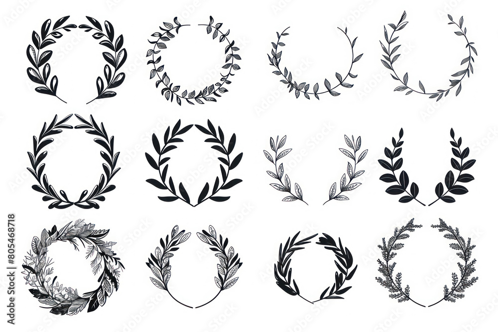 Hand drawn laurel wreaths. Set of laurel wreaths isolated on white background. Decorative laurel wreaths. Hand drawn laurel wreaths. Set of laurel wreaths isolated on white background. Decorative laurel wreaths.