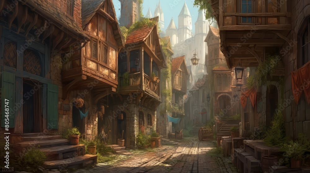 Houses in medieval city diorama, omunious atmosphere, detailed illustration, beautiful color palette.