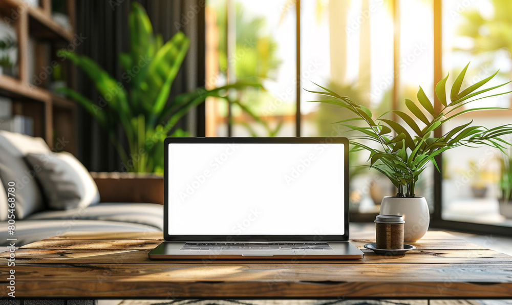 workspace with laptop on wooden table near the window