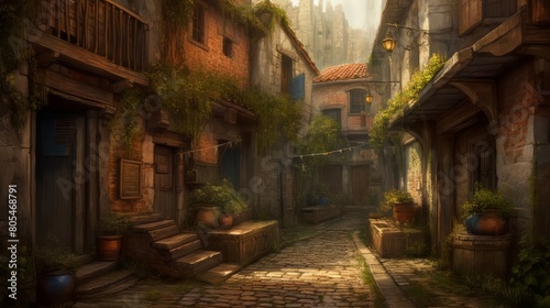 Houses in medieval city diorama  omunious atmosphere  detailed illustration  beautiful color palette.