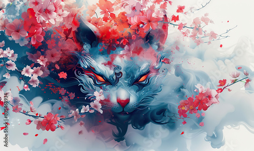 A colorful wall art featuring a stylized kitsune mask surrounded by cherry blossoms. Generate AI photo