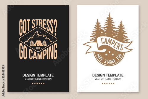 Set of camping poster design. Vector. Outdoor adventure. Design with forest  mountains  camping tent