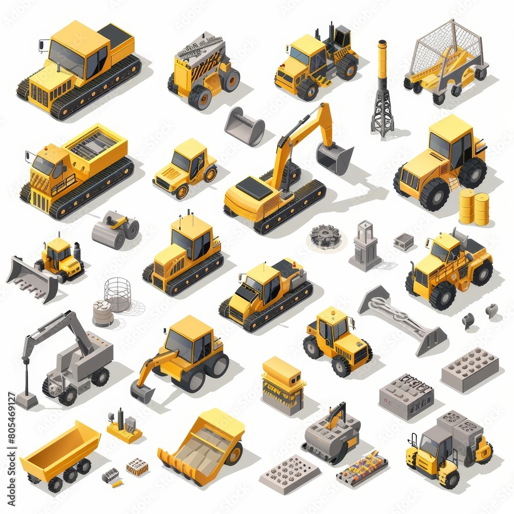 A cute isometric set of industry machinery, illustrating heavy equipment and automated systems, model isolated white background A cute isometric set of industry machinery, illustrating heavy equipment and automated systems, model isolated white background