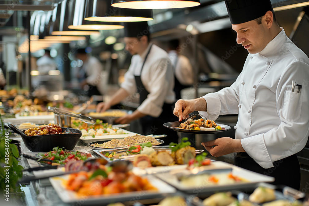 The chef prepares dishes for the buffet table in the restaurant. Image for cafe menu, Banner The chef prepares dishes for the buffet table in the restaurant. Image for cafe menu, Banner