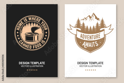 Set of camping poster design. Vector. Outdoor adventure. Design with forest, mountains, canned fish