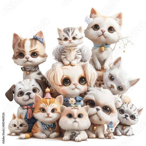 A kawaii painting of animals, with playful kittens and puppies, 3d model isolated white background © JK_kyoto
