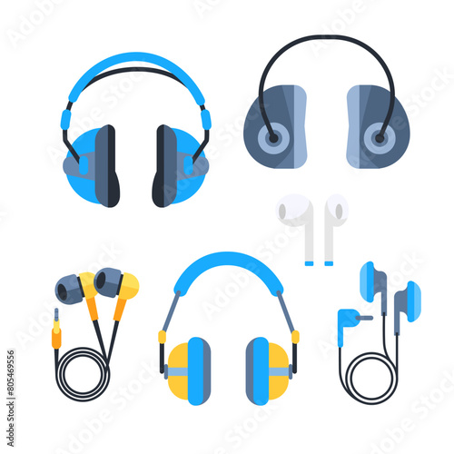 Set of Headphones. Wireless headphones accessories for music hearing. Audio Equipment for Music Listening