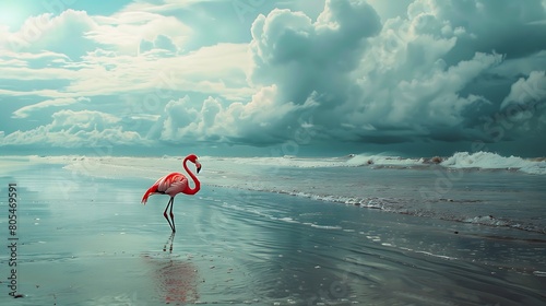 Flamingo in beach cloudy weather