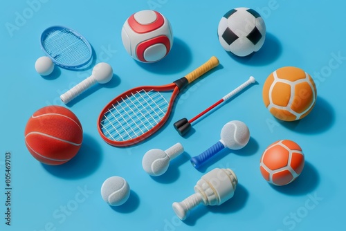 A tiny isometric set of sports equipment, showcasing various colorful balls and rackets, model isolated on solid color background