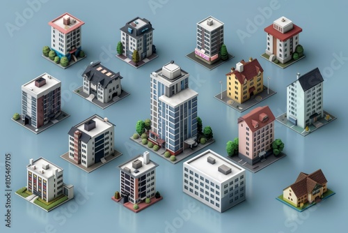A tiny isometric building collection, depicting skyscrapers and cottages, model isolated on solid color background photo