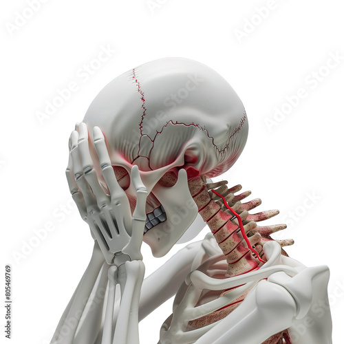 Model szkieletu, wykonany z przezroczystego materiału, trzymający swoją głowę rękoma w symbolicznej pozie