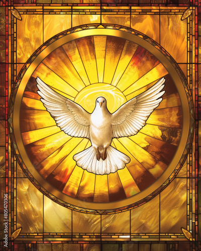 Vidriera artística con una paloma blanca en el centro representando al espíritu santo, sobre un circulo dorado y figuras geométricas 