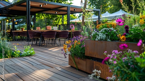 Garden cafe deck with seating for cozy seasonal evenings with beautifully designed flowering planters for lush natural luxury setting © Michael