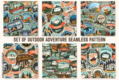 Set of Summer camp colorful seamless pattern with travel inspirational quotes. Vector. Background, wallpaper, seamless pattern with camping climber, tent, mountain and forest silhouette.