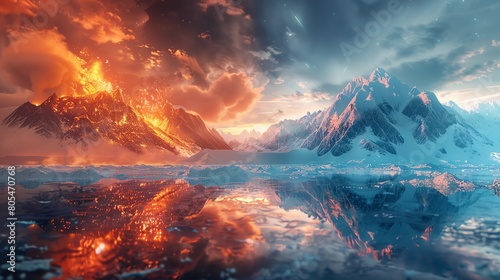 Fire and Ice Illustrate one side with fiery volcanic activity, lava flows, and ash clouds, and the opposite side with icy glaciers, snowcapped mountains, and frozen lakes photo