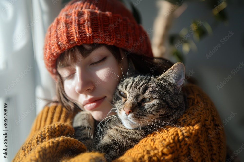 A woman in a mustard sweater hugs and cuddles her cat. Generative AI. A woman in a mustard sweater hugs and cuddles her cat. Generative AI.