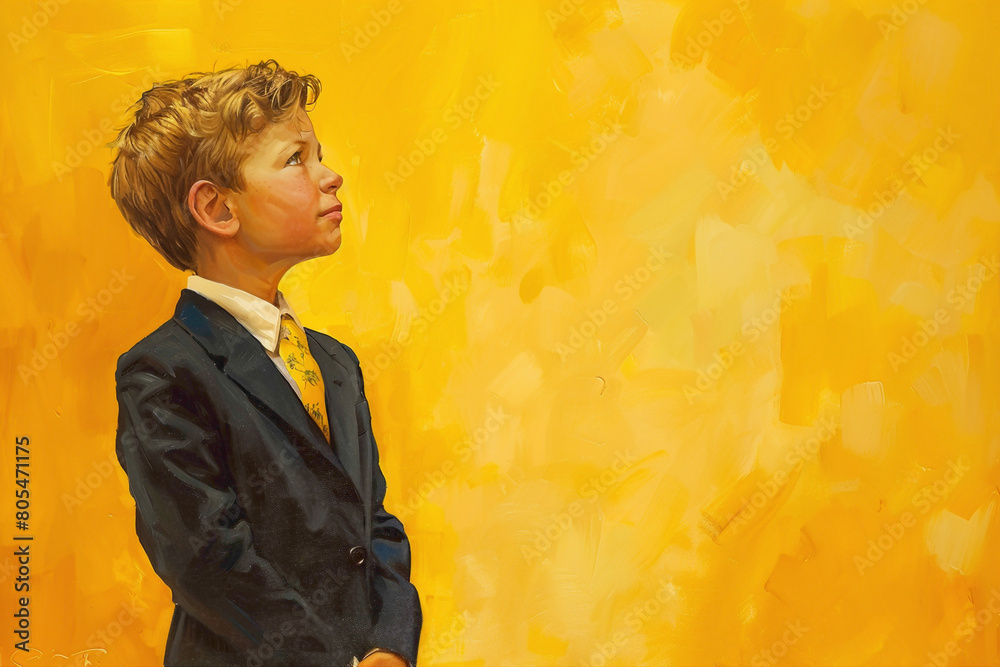 In the spotlight, a most handsome boy dons his finest suit, oozing charm and charisma as he stands tall agnst a bold yellow background, ready to conquer the day. In the spotlight, a most handsome boy dons his finest suit, oozing charm and charisma as he stands tall agnst a bold yellow background, ready to conquer the day.