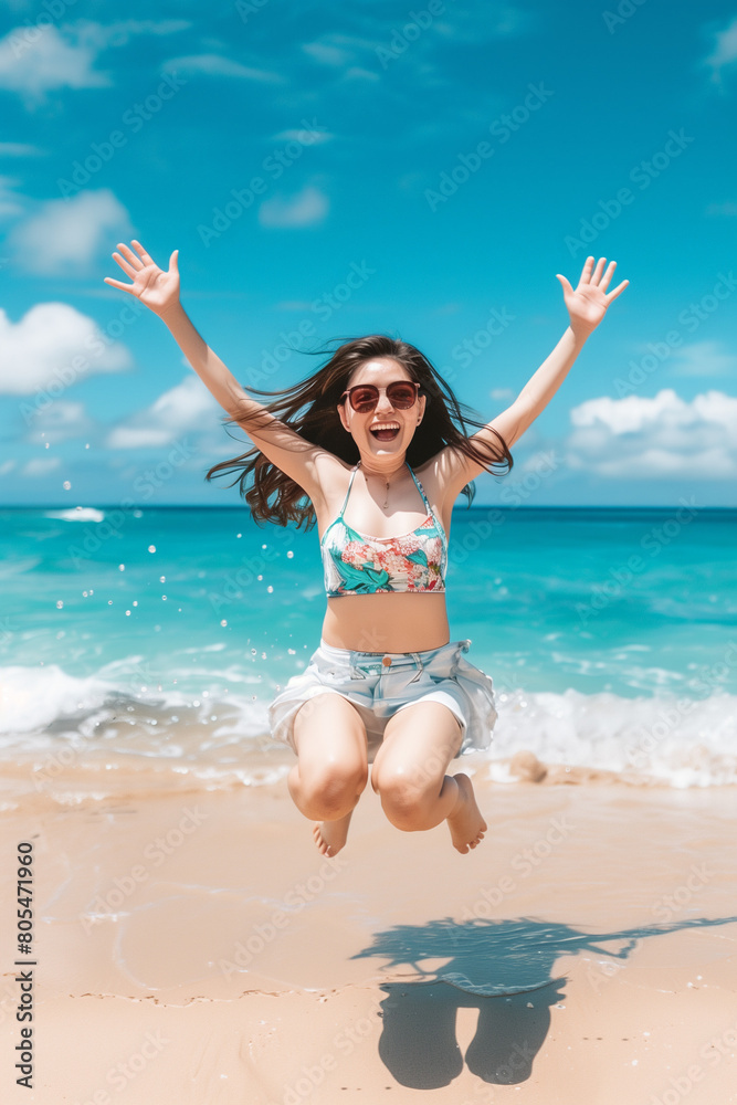 cute asian girl with sunglasses jumps on the sandy beach. High quality photo cute asian girl with sunglasses jumps on the sandy beach. High quality photo