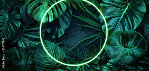 A neon circle in a vivid shade of green encloses a rich tapestry of tropical leaves, with each leaf's texture and color enhanced by the neon glow.  photo