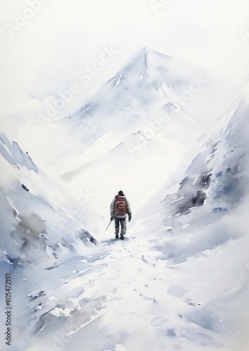 a lone mountaineer surviving a freezing blizzard in a surreal snowy landscape