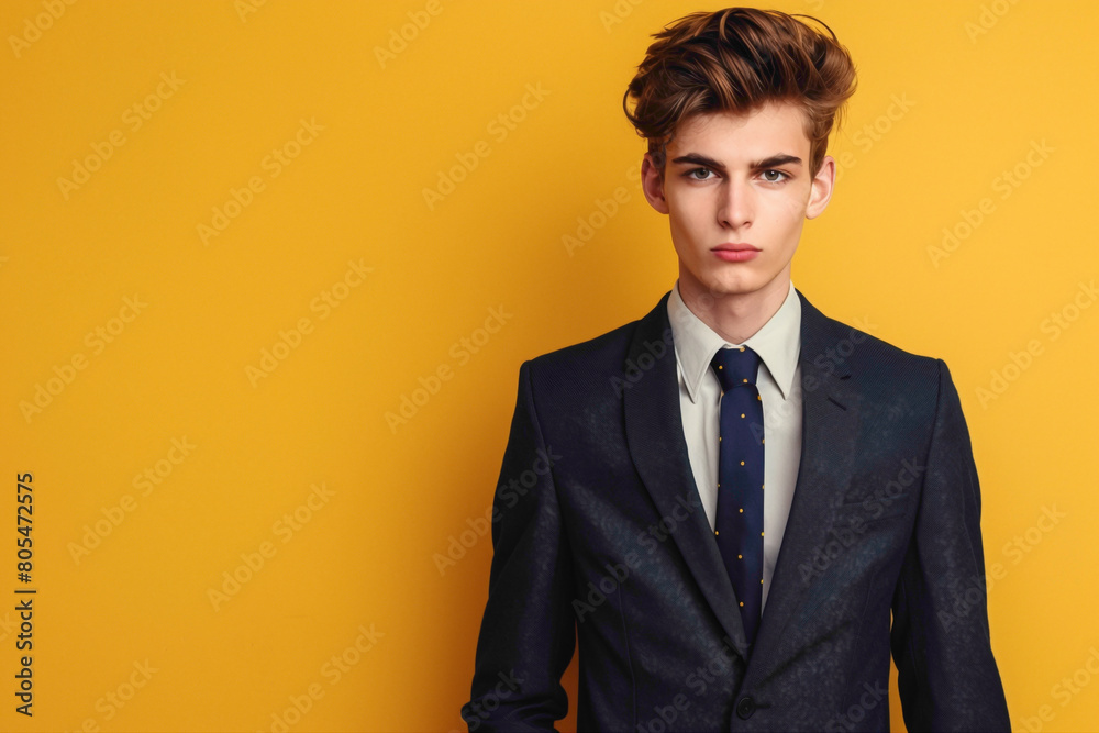 Radiating charisma and elegance, a suave young man embodies refined style in his business suit, his hr expertly coiffed, set agnst a vibrant yellow backdrop. Radiating charisma and elegance, a suave young man embodies refined style in his business suit, his hr expertly coiffed, set agnst a vibrant yellow backdrop.