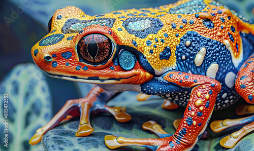 A high-detail macro shot captures a vividly colored frog's textured skin and striking eyes. Generate Ai
