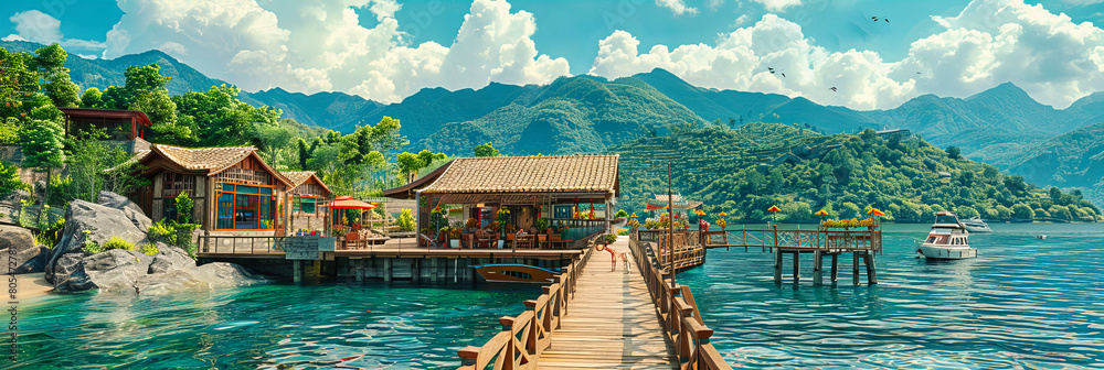 Tranquil lake in Thailand with a wooden raft house surrounded by lush greenery and calm waters