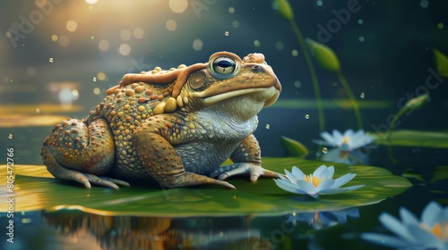 A frog is sitting on a leaf in a pond