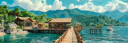 Tranquil lake in Thailand with a wooden raft house surrounded by lush greenery and calm waters photo