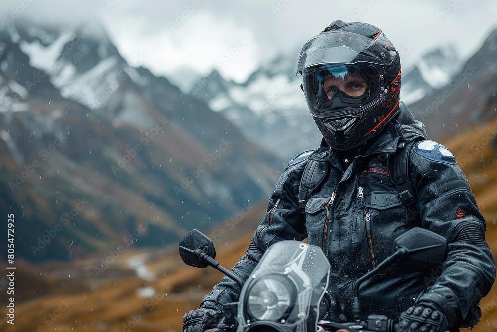 An adventurous motorcyclist clad in full gear takes on a challenging journey through winding mountain roads An adventurous motorcyclist clad in full gear takes on a challenging journey through winding mountain roads