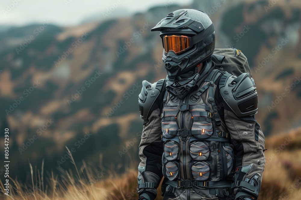 A fully geared tactical soldier stands ready amongst the dramatic landscape of mountainous terrain A fully geared tactical soldier stands ready amongst the dramatic landscape of mountainous terrain