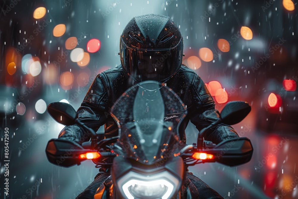 A biker is captured from the front, with red brake lights reflecting off a glossy helmet, amidst a rainy backdrop A biker is captured from the front, with red brake lights reflecting off a glossy helmet, amidst a rainy backdrop