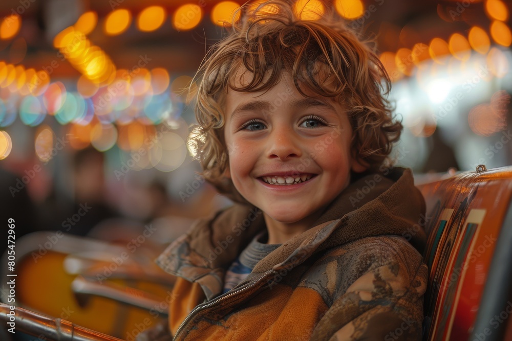 A joyful young boy with curly hair smiles brightly while sitting on a colorful carousel at an amusement park A joyful young boy with curly hair smiles brightly while sitting on a colorful carousel at an amusement park
