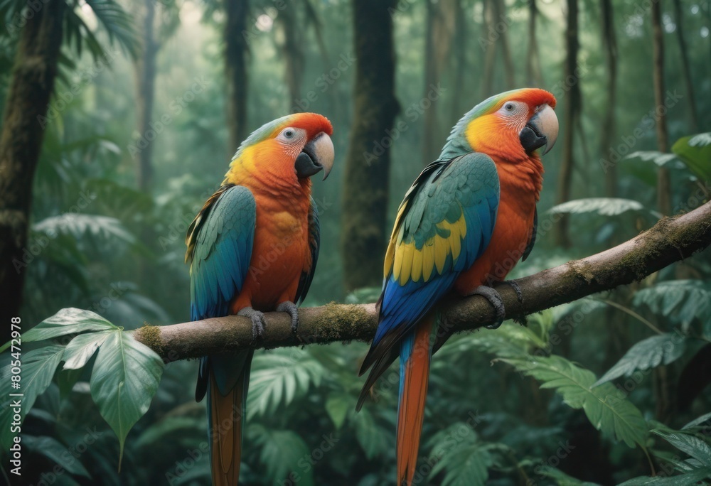 Obraz premium A vibrant parrot perched amidst the dense rainforest, echoing calls of the wild.