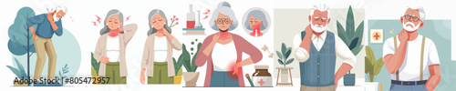 collection of vector illustrations of grandparents with shoulder pain