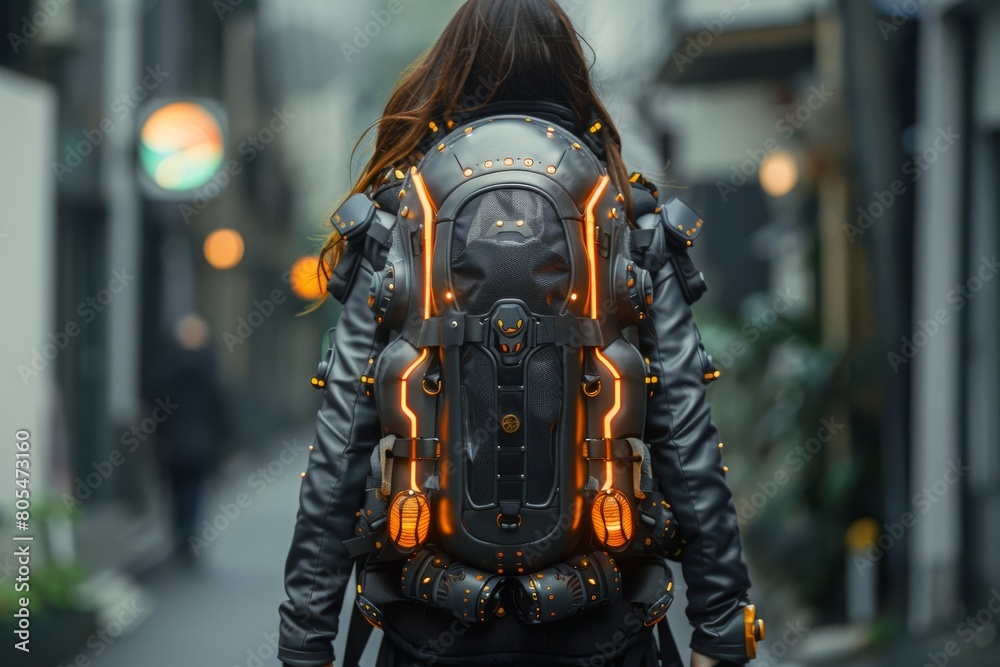 Rear view of a female figure adorned with a high-tech backpack with glowing elements in an urban setting Rear view of a female figure adorned with a high-tech backpack with glowing elements in an urban setting