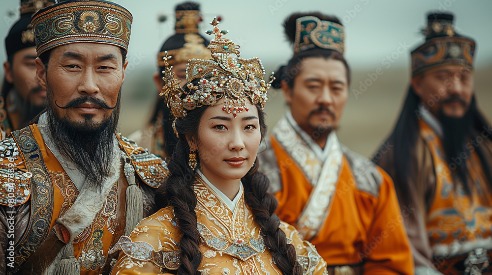 An endearing scene from a traditional Mongolian wedding ceremony, when the bride and groom are dressed to the nines, surrounded by family and friends as they observe customs and traditions that date b
