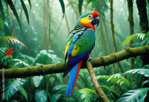 A vibrant parrot perched amidst the dense rainforest, echoing calls of the wild. © MDShirajul