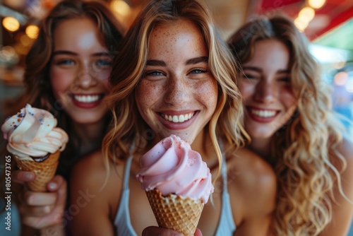 Three happy women with beautiful smiles are holding ice cream cones close to the camera in a festive setting