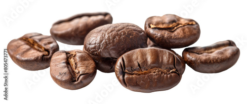 Close-up view of roasted coffee beans isolated on transparent background