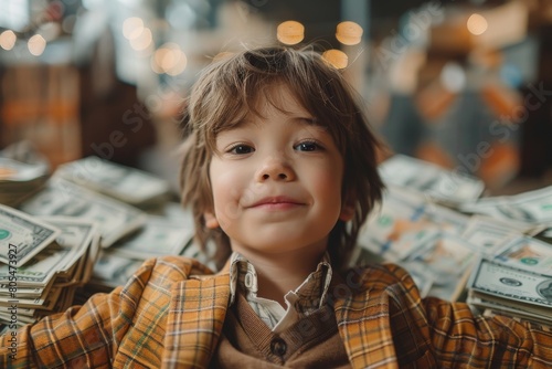 Cheerful young boy in a checkered jacket with a pile of US dollar bills, representing wealth or financial concepts photo