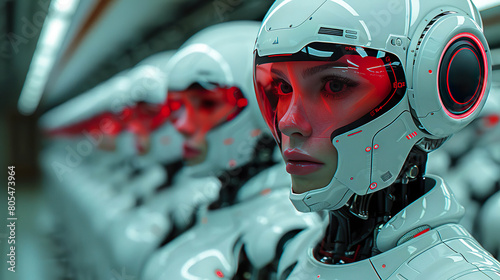 Row of female robots with white helmets and red visor lights standing in line. Generated by AI photo
