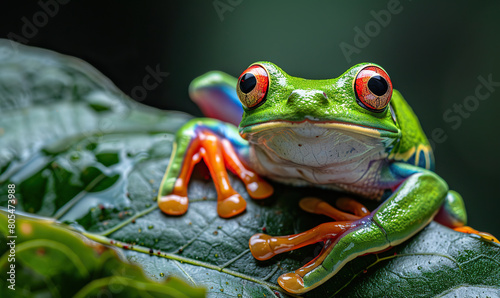 A close-up of a colorful frog with large eyes on a mossy log. Generate AI